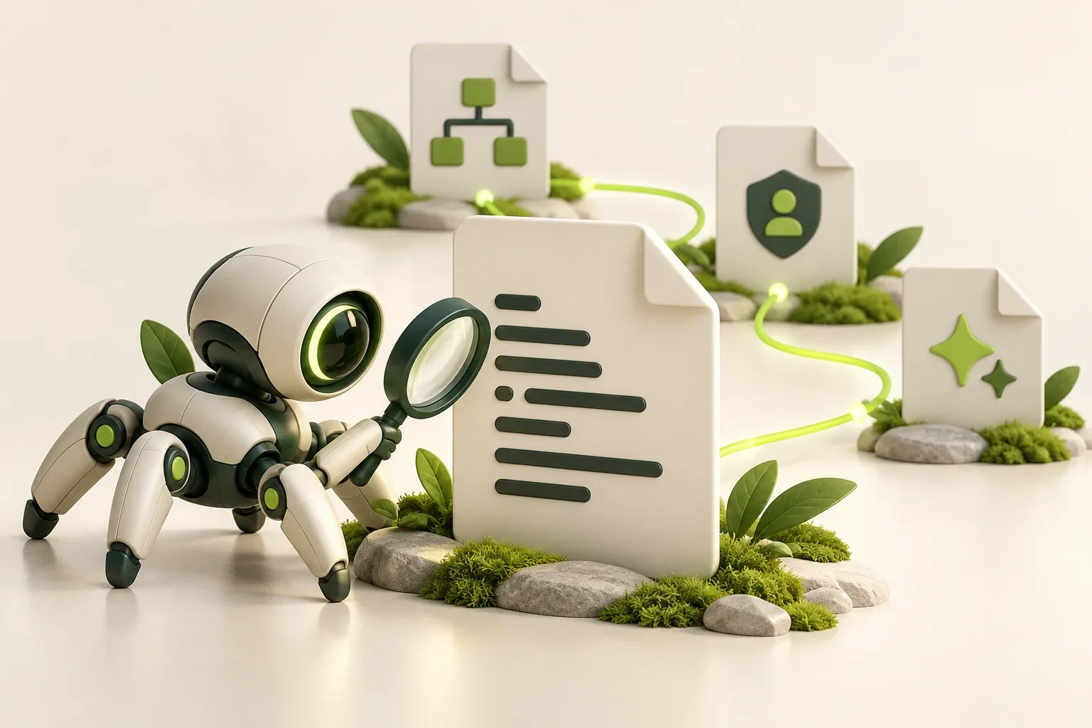 A small crawler robot examines a document beside connected sitemap, security-contact and AI-documentation cards.